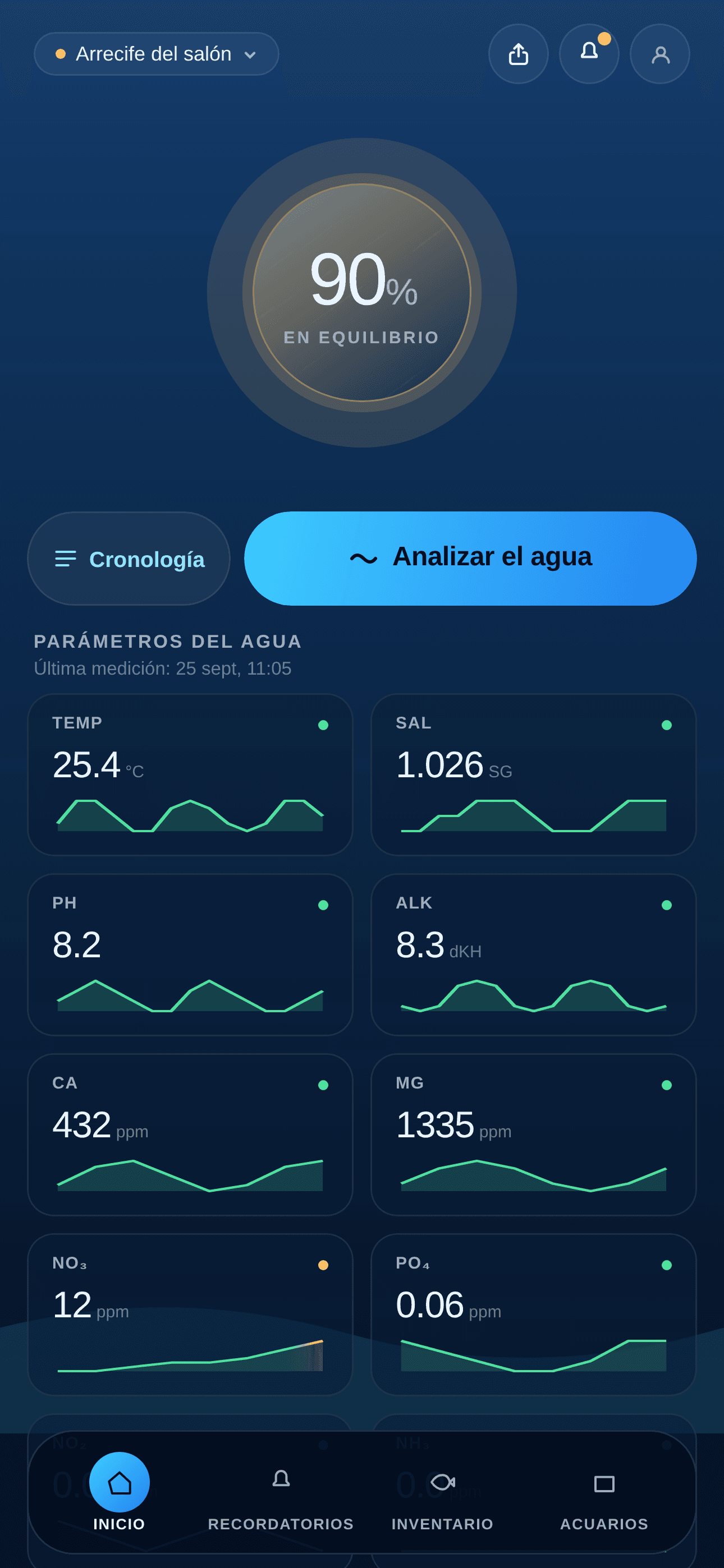 Pantalla de inicio de BlubHub con los parámetros del agua