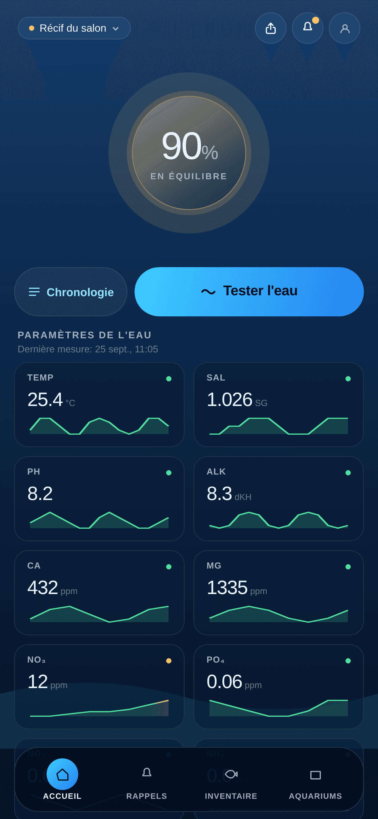 Écran d'accueil BlubHub avec les paramètres d'eau